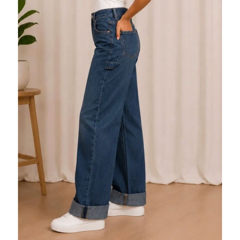 Zara The Turned Up Jeans Size 6 Relaxed Fit Straight Leg Oversized Cuffs